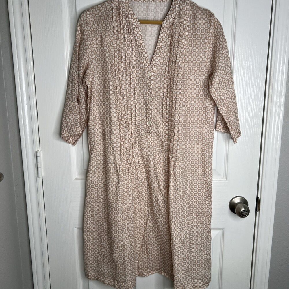 J McLaughlin 100% Linen Shift Dress Medium Beige Geo Roll Tab Pintuck Lagenlook